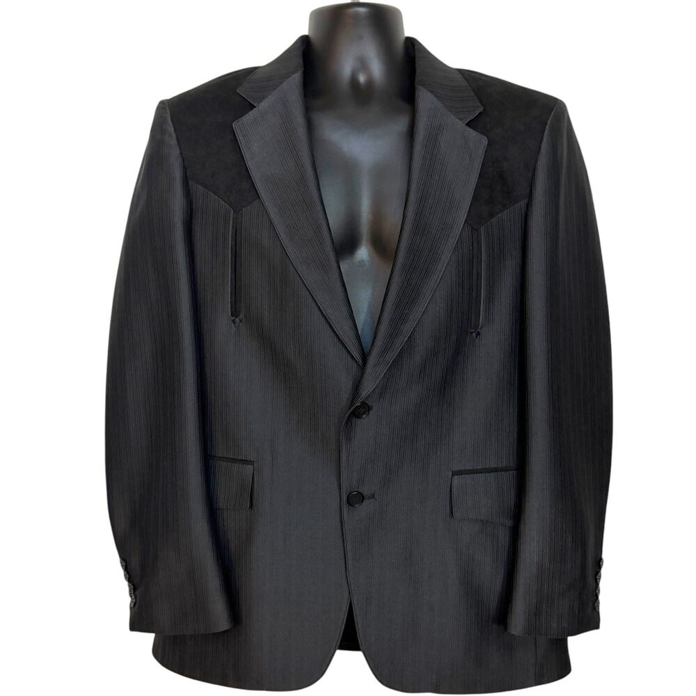 VTG 90s Sheplers 42R Charcoal Pinstripe Western Blazer Cowboy Suede Yoke Coat